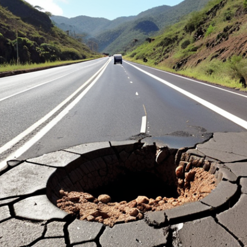 Home 4 **Prompt:** Crumbling Venezuelan highway with large potholes, symbolizing lack of funding and maintenance, cars carefully navigating, arid landscape in background.