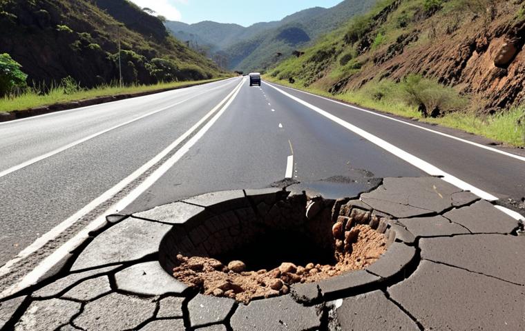 **Prompt:** Crumbling Venezuelan highway with large potholes, symbolizing lack of funding and maintenance, cars carefully navigating, arid landscape in background.