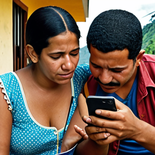 Home 18 **Image Prompt:** A Venezuelan family using a mobile phone to send money digitally, showcasing the ease of use despite the economic challenges. Emphasize safety and reliability. (Style: Realistic, slightly hopeful)