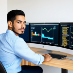 A confident young Venezuelan male entrepreneur, dressed in a sharp, modest business shirt and trousers, seated at a minimalist, modern desk in a brightly lit, professional co-working space. He is looking at a large monitor displaying a user-friendly e-commerce platform with a subtle, abstract digital currency symbol. The background shows other blurred figures working diligently, suggesting a collaborative environment. The lighting is bright and inviting, conveying optimism and progress. Professional studio photography, high resolution, sharp focus, vibrant colors, clear details, safe for work, appropriate content, fully clothed, modest clothing, professional dress, perfect anatomy, correct proportions, natural pose, well-formed hands, proper finger count, natural body proportions.