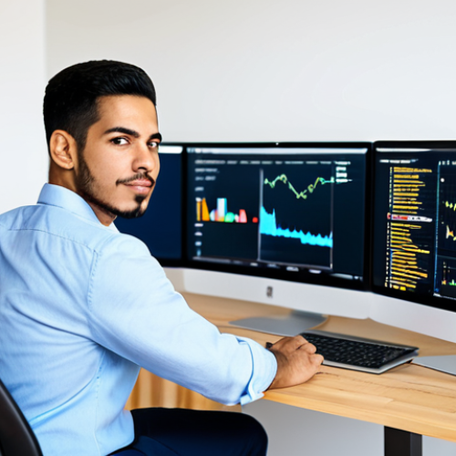 Home 17 A confident young Venezuelan male entrepreneur, dressed in a sharp, modest business shirt and trousers, seated at a minimalist, modern desk in a brightly lit, professional co-working space. He is looking at a large monitor displaying a user-friendly e-commerce platform with a subtle, abstract digital currency symbol. The background shows other blurred figures working diligently, suggesting a collaborative environment. The lighting is bright and inviting, conveying optimism and progress. Professional studio photography, high resolution, sharp focus, vibrant colors, clear details, safe for work, appropriate content, fully clothed, modest clothing, professional dress, perfect anatomy, correct proportions, natural pose, well-formed hands, proper finger count, natural body proportions.