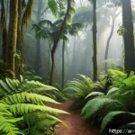베네수엘라에서 한국인에게 인기 있는 장소 - A dense Venezuelan rainforest scene during daylight, featuring towering giant fern trees casting sha...