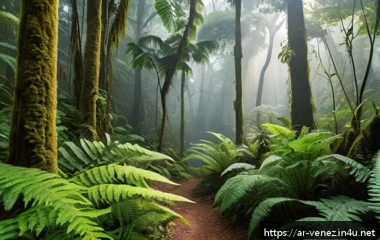 베네수엘라에서 한국인에게 인기 있는 장소 - A dense Venezuelan rainforest scene during daylight, featuring towering giant fern trees casting sha...