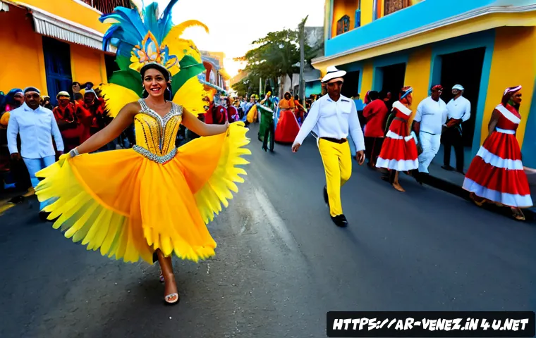 베네수엘라의 대표적인 축제 - Photorealistic Venezuelan carnival parade on a sunlit Caribbean street, elegant dancers in vivid fea...